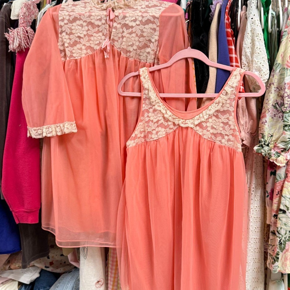 Vintage Siren Lingerie Union Made Hot Coral Babydoll Robe Set Pink Lace Medium